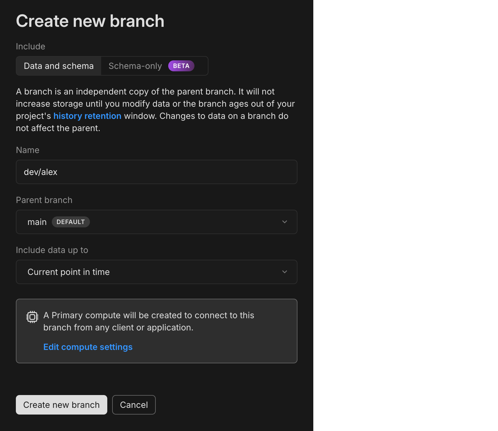 Create branch dialog