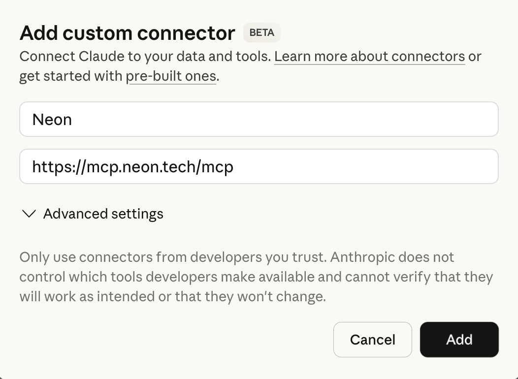 Claude custom connector modal